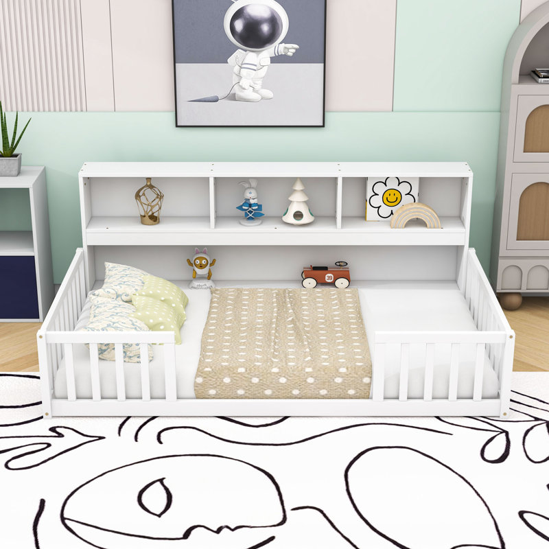 Lit en bois avec garde-corps et tablettes, Simple, Blanc
