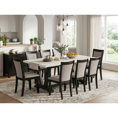 9 Piece Dining Room Table Set Includes a Rectangle Dining Table with V-Legs and 8 Shitake Linen Fabric Upholstered Parson Chairs, 40x72 Inch, Multi-Color