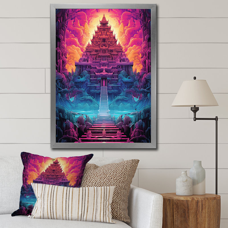 Temple bouddhiste thaïlandais, paysage de rêve spirituel sur toile, Cadre simple argenté, H 40 po x l 30 po x P 1,5 po