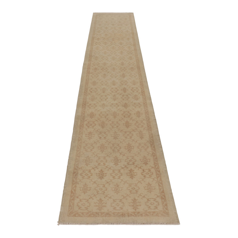 Vintage Distressed Runner Rug, Beige-Brown Floral Geometric Pattern- Rug & Kilim