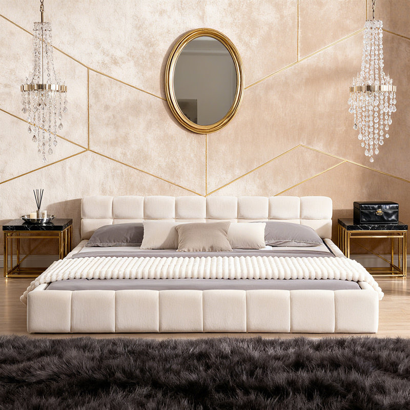 Lit tapissier Chenille, Beige, Très grand