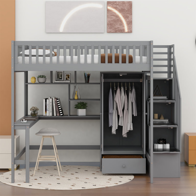 Jamner Kids Twin Loft Bed with Drawers, Gray, Full