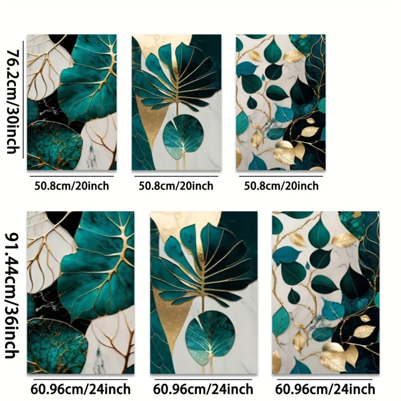 «Glam Teal Leaf», reproduction sur toile 3 pièces - espace de vie élégant, 16 * 12 pouces 3 pièces