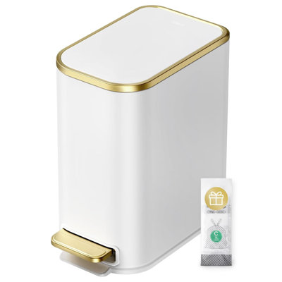 1.3 Gallon Slim Step Trash Can, Soft Close Stainless Steel Waste Bin with Removable Inner Bucket, White & Gold
