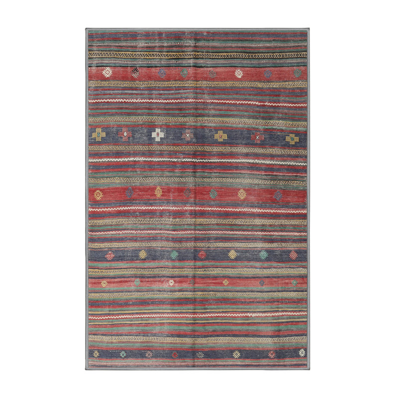 Tapis contemporain gris / rouge / olive, Rectangle de 3 pi x 5 pi