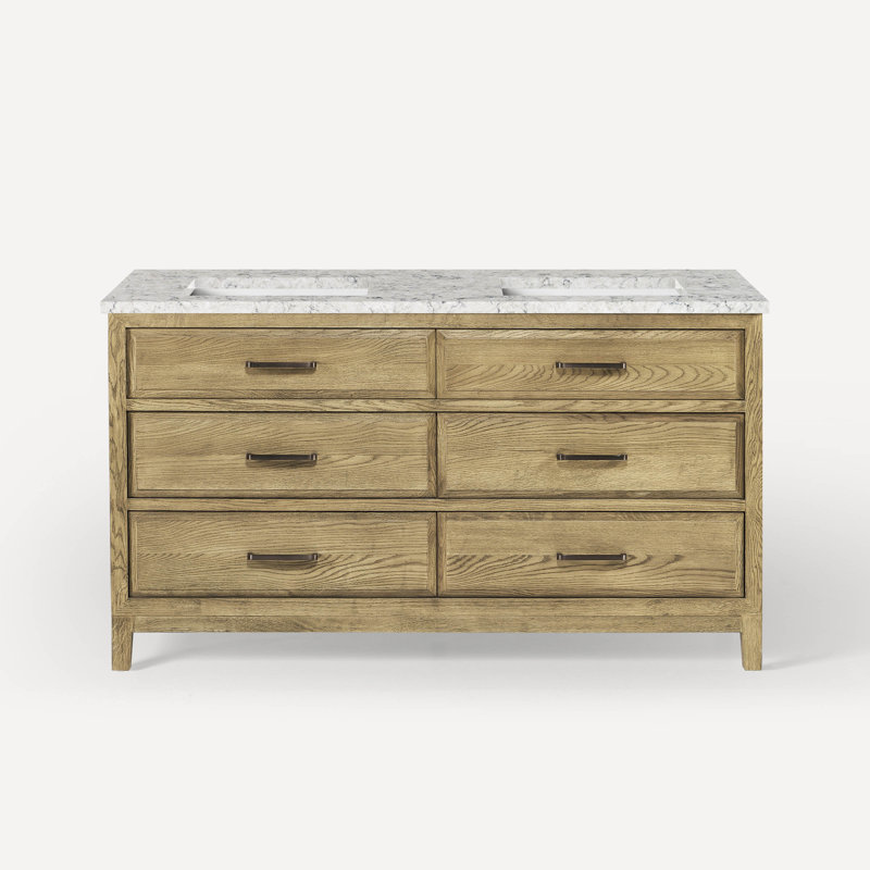 Meuble-lavabo double sur pied 60 po Chestnut Hill, Chêne gris clair, Étain brossé, Pierre