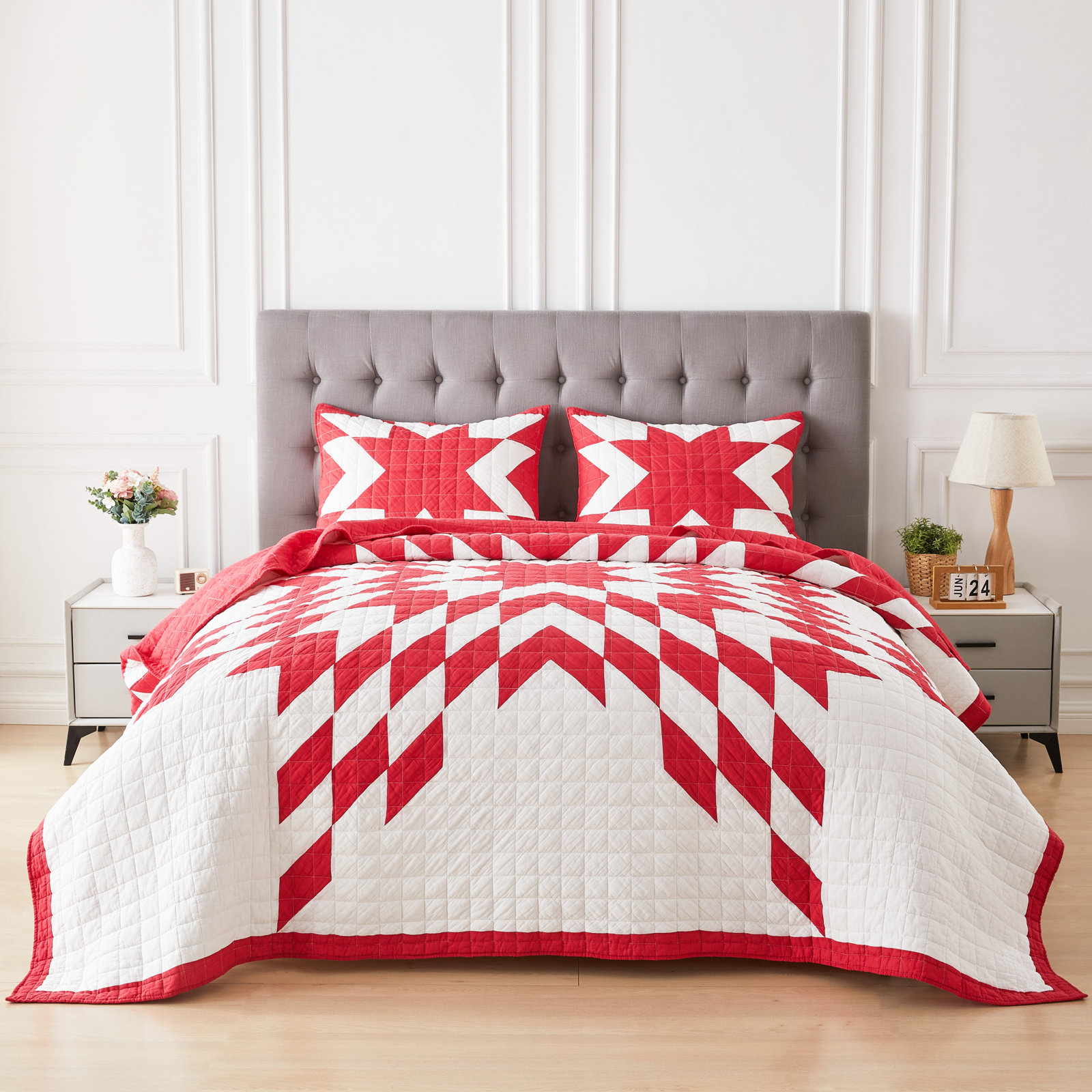 Cotton Quilt Set, Red, Queen Quilt  + 2 Standard Shams