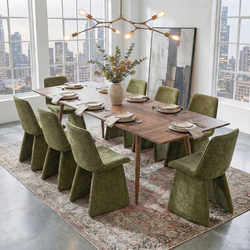 9-Piece Rectangular Extendable Dining Set With Linen  Chairs, Green