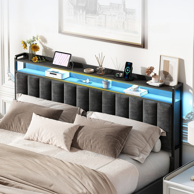 Nerlt Upholstered Headboard Metal Frame with Charging Station, LED Light And Hidden Storage, King