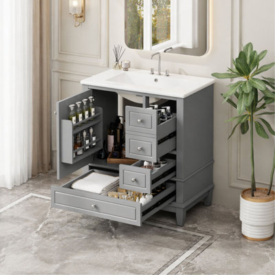 Meuble-lavabo 30 po avec lavabo, une porte avec tablette et trois tiroirs, porte à fermeture en douceur