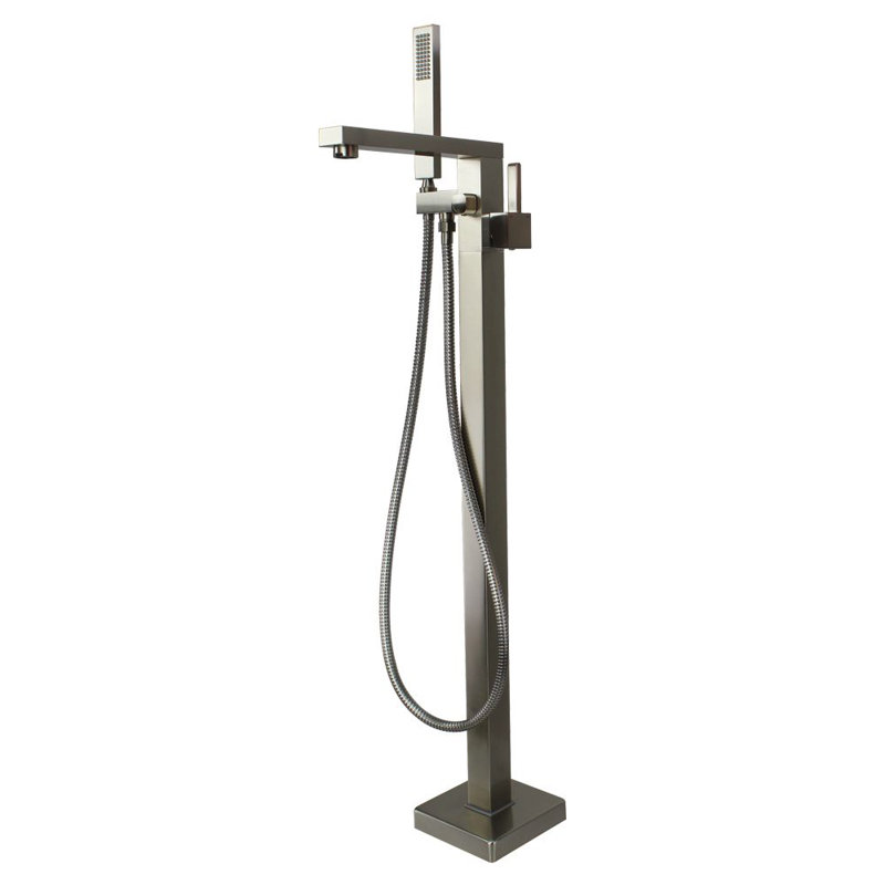 Robinet de baignoire autoportable à fixation au plancher à poignée simple avec douche à main Ardell, Nickel brossé