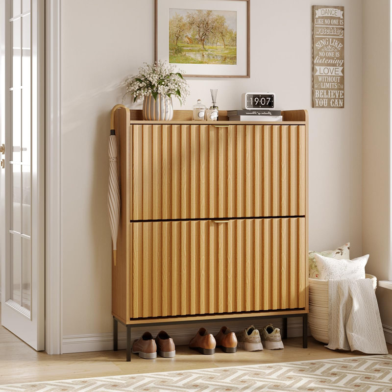 Fluted Shoe Storage Cabinet With 2 Flip Drawers