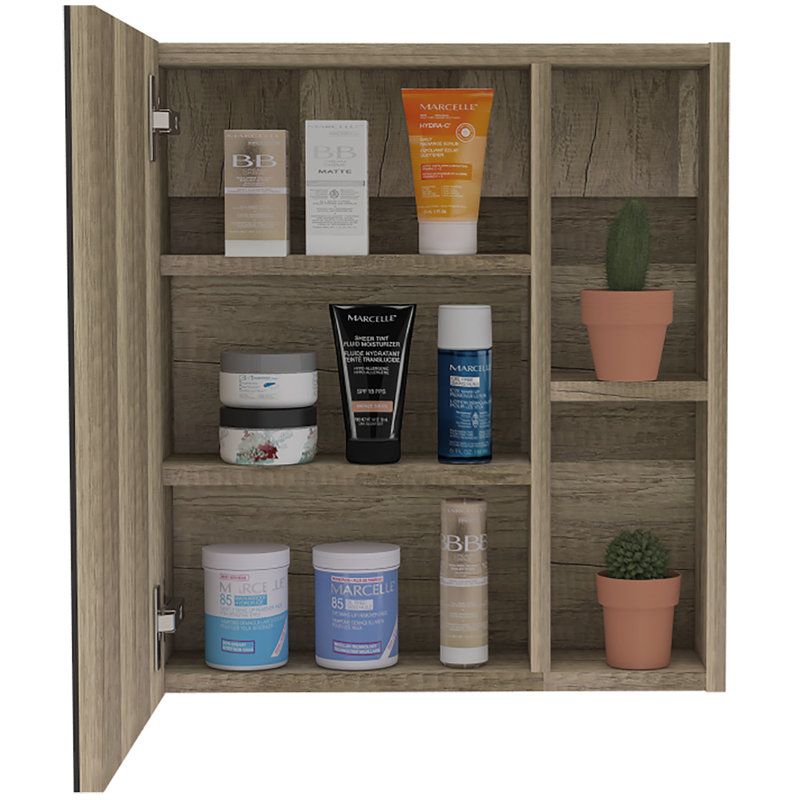 Armoire à pharmacie avec porte miroir et tablettes ouvertes et fermées Labelle, Pin