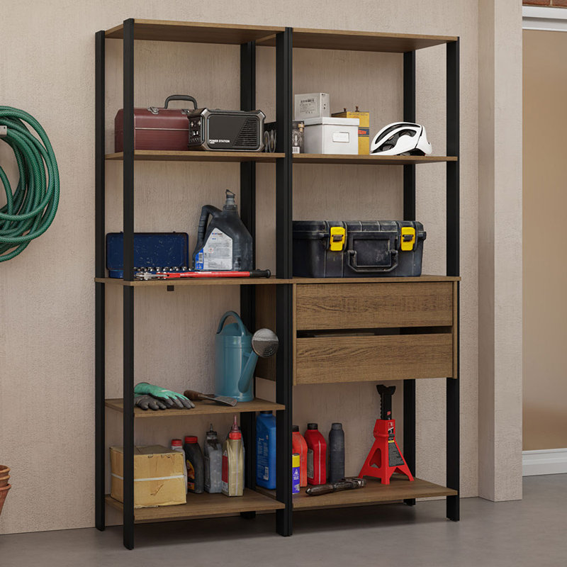 Madesa Garage Storage Rack with 2 Drawers and Open Shelves 51"L Multiuse Modular Organization Cabinet for Tools - Black/Brown