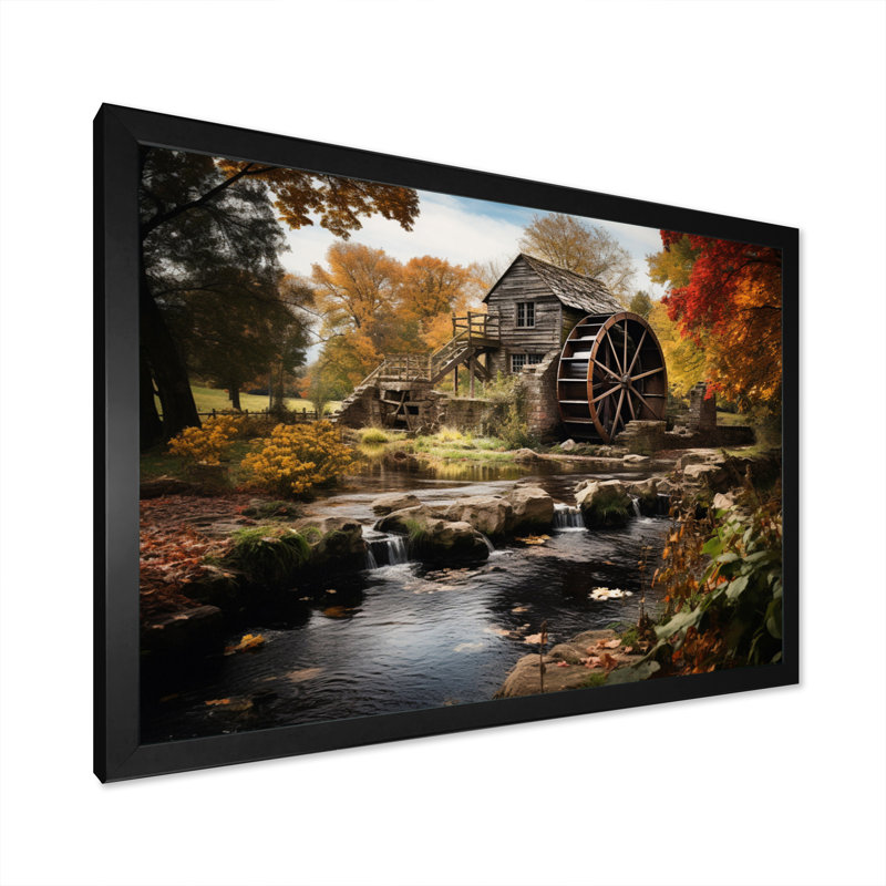 Moulins, moulin automnal encadré sur toile, H 30 po x l 40 po x P 1,5 po, Cadre simple noir