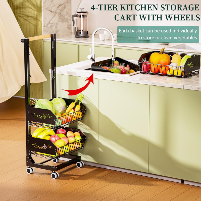 4-Tier Kitchen Snack Cart with Wheels - Upgraded wider and thicker, Multi-Purpose Rolling Storage Cart for, Grey