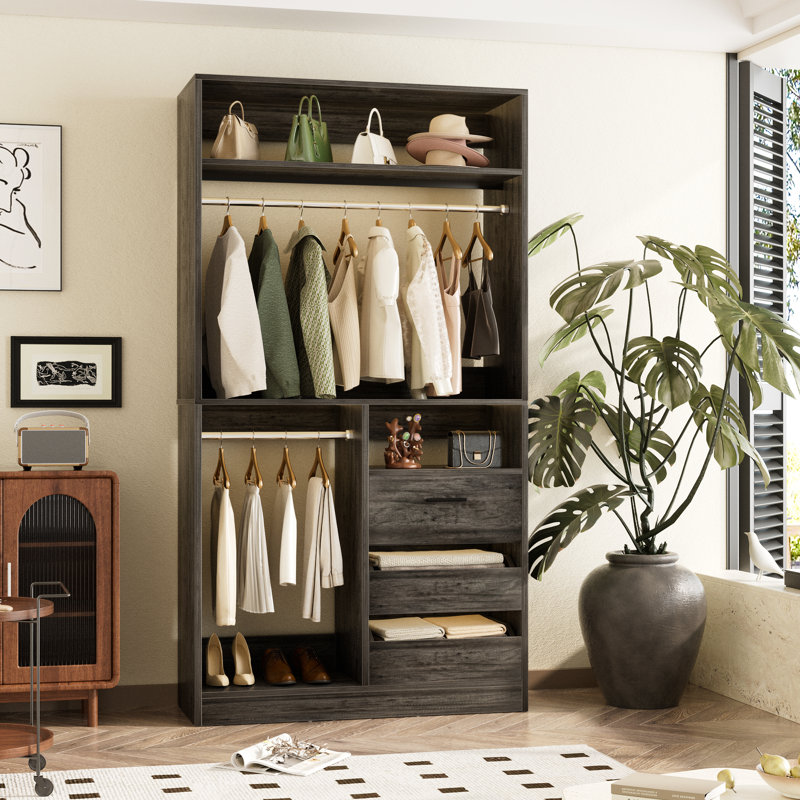 36" Closet System With 3 Drawers And 2 Rods,Shoes Storage, Gray