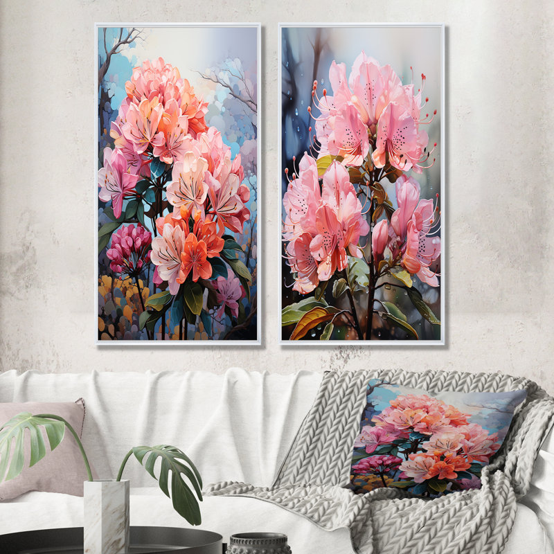 Mystical Rhododendron Symphony Whispers - ensemble de 2 impressions sur toile Rhododendron, Cadre blanc, H 40 po x l 41 po