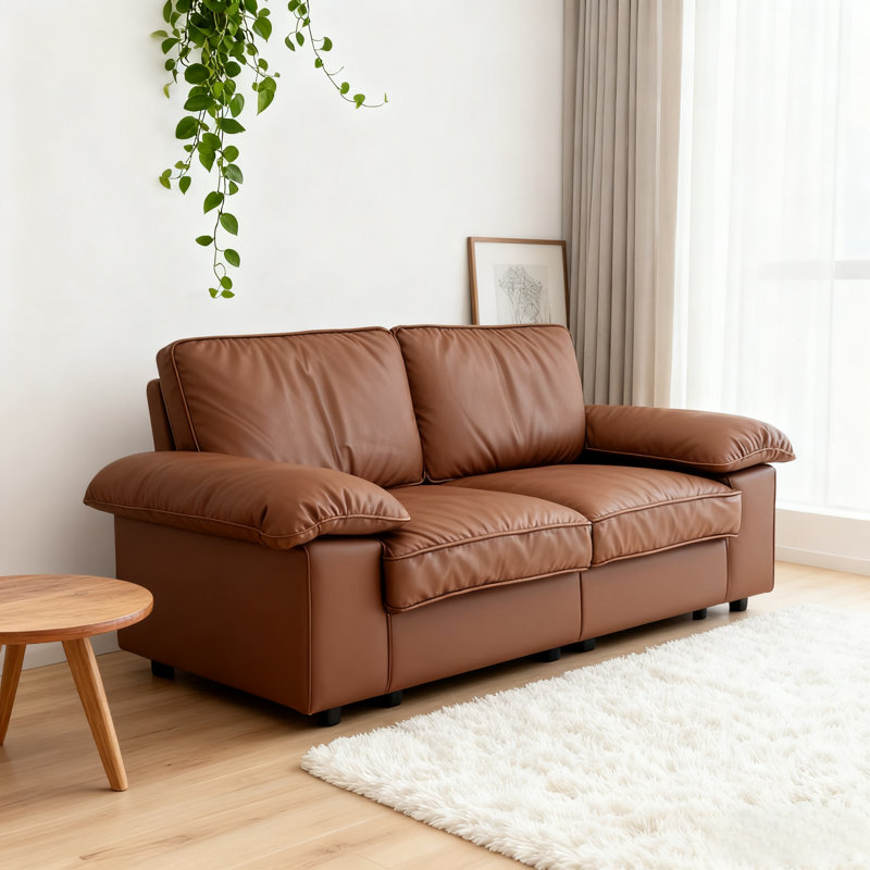 ‌78.74" Brown Faux Leather Loveseat Sofa – Soft Durable Upholstery, Built-In Hidden Storage | Space-Saving Compact Design for Small Living Rooms & Apartments