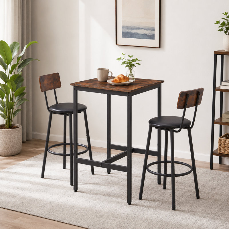 Ensemble de table de bar rustique brun équipé de deux tabourets de bar rembourrés pour les loisirs à la maison