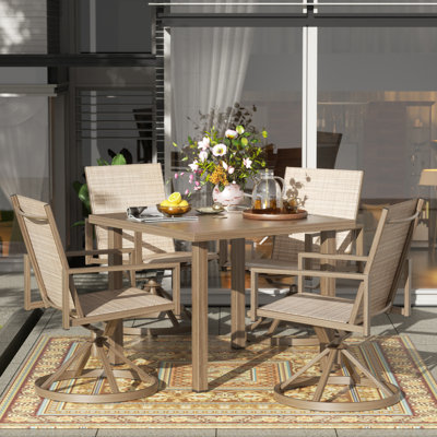 Bogdanka Outdoor 4 Person Dining Set, 4 Swivel Chairs and Woodgrain Steel Dining Table