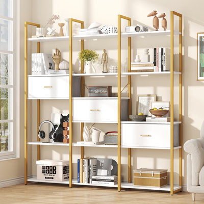 Triple Wide 6 Tiers Industrial Book Shelf With 3 Drawers And Storage Shelves, 73.6" Tall Bookcase With 16 Open Display Shelves, Large Etagere Bookshelf With Metal Frame For Home & Office