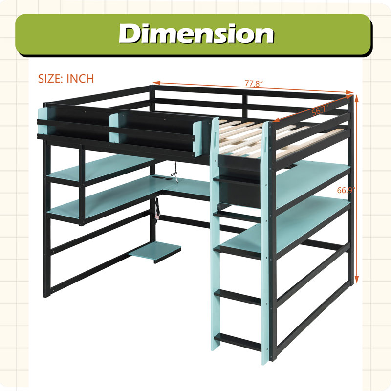 Lit mezzanine double en bois avec bureau, support de rangement latéral, tablettes multiples et lumière RVB, Lit double