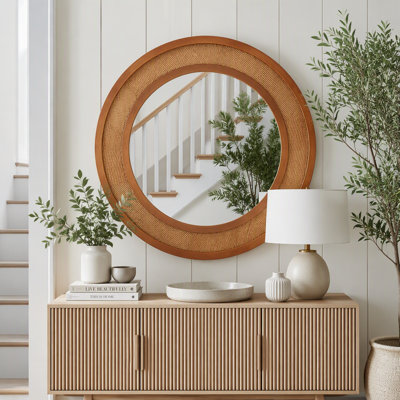 Miroir mural rond en rotin avec cadre en noyer noir