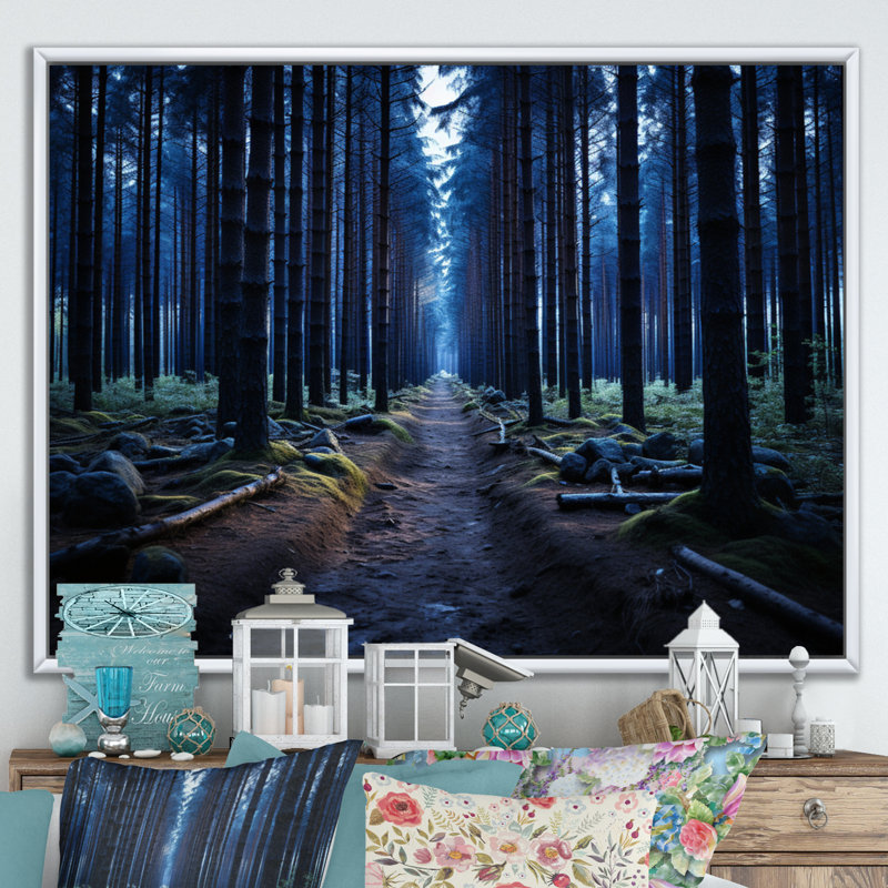 Sentier bleu de la forêt - Impression, Cadre flottant blanc, H 34 po x l 44 po x P 1,5 po