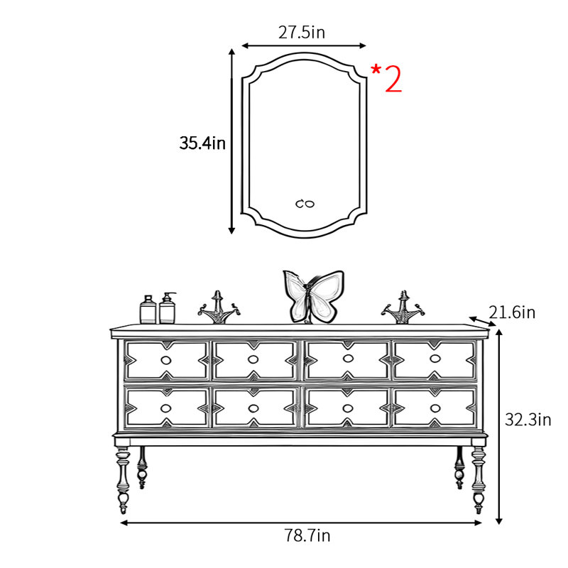 Armoire de salle de bain rétro française, H 32,3 po x l 78,7 po x P 21,6 po