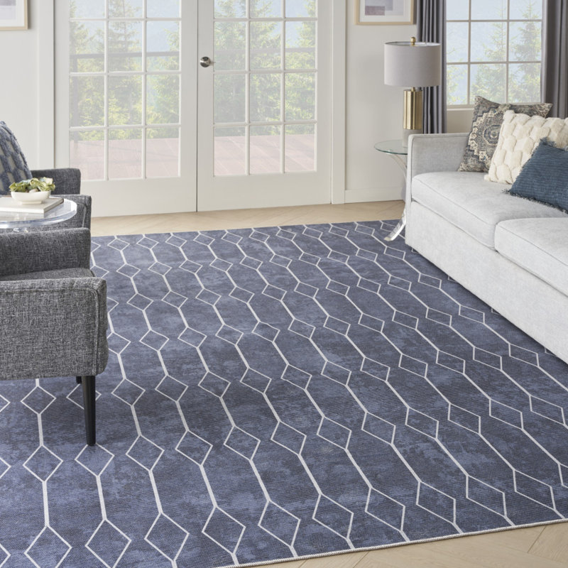 8' X 10' Blue And Ivory Geometric Power Loom Washable Area Rug, Rectangle 7'10" x 9'10"