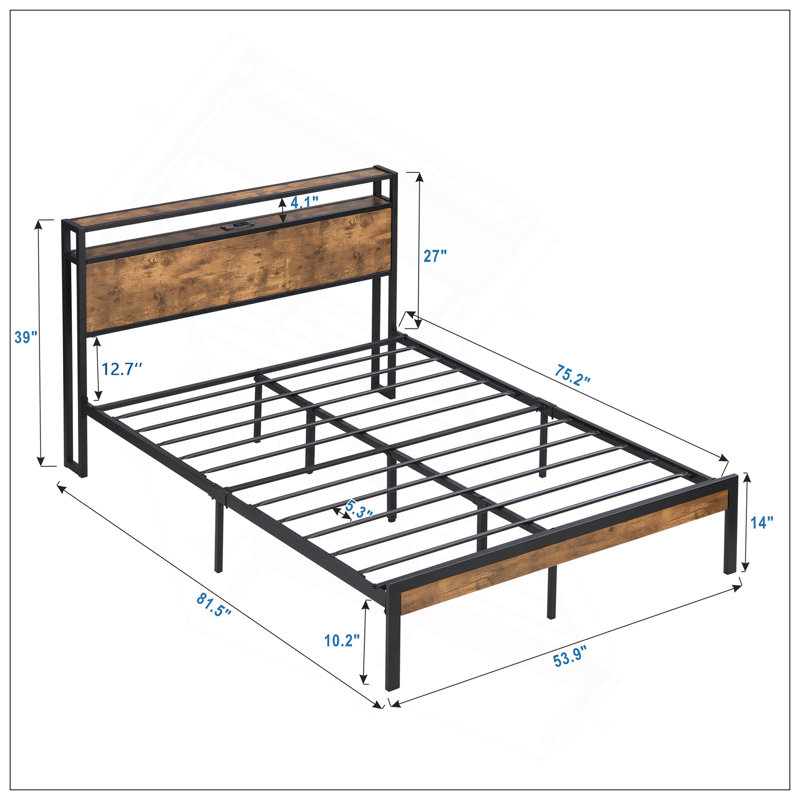 Structure de lit plateforme en métal avec tête de lit et pied de lit en bois avec doublure USB, aucun sommier nécessaire, grand rangement sous le lit, assemblage facile