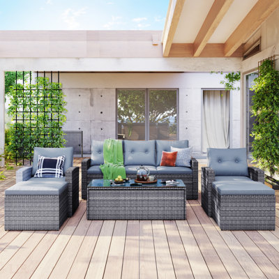 6-Piece All-Weather Wicker PE Rattan Patio Outdoor Dining Conversation Sectional Set With Coffee Table, Wicker Sofas, Ottomans, Removable Cushions, Outdoor Dining