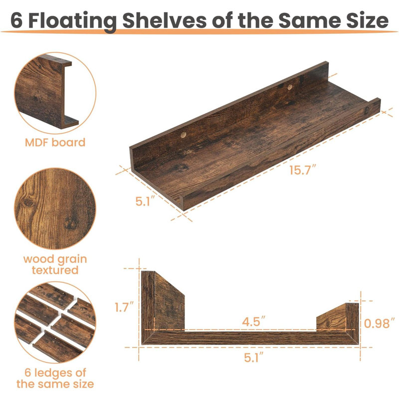 Floating Shelves For Wall, Wall Shelves For Decor Storage Set Of 6, Wall Mounted Wood Shelf For Bedroom, Living Room, Bathroom, Kitchen, Picture Ledge Shelf