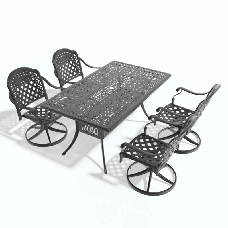 L'ensemble de salle à manger toutes saisons en fonte d'aluminium comprend 4 chaises pivotantes et une table rectangulaire avec cadre