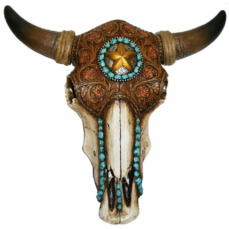 Leather Southwestern Wall Decor Bull Skull with Turquoise Inlay Design
