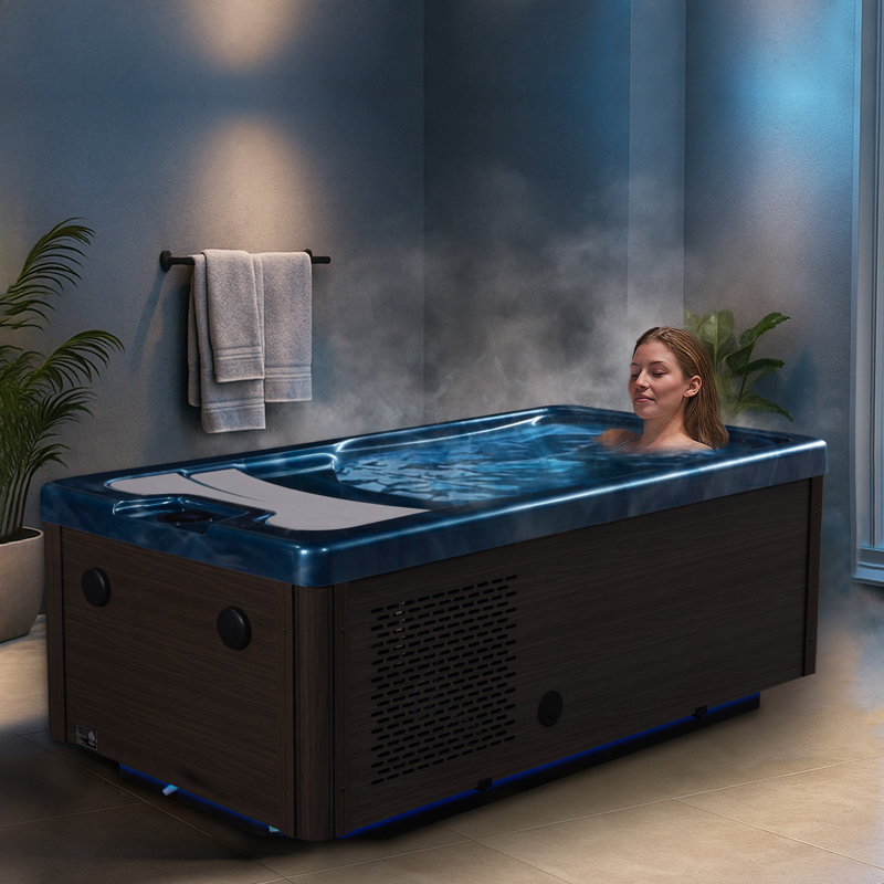 69 In. 1-Person 2-Jets All-In-One Cold Plunge And Hot Tub With Built-In Chiller, Lights, And Wifi In Blue, Brown/Blue/White