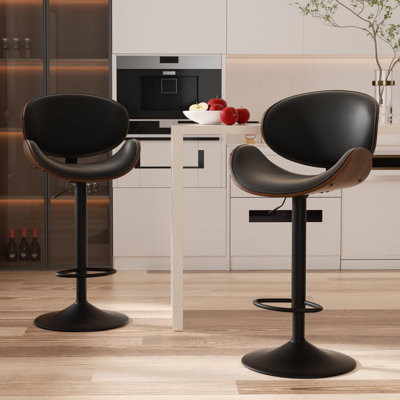 Swivel Bar Stools Set Of 2, Seat Adjustable Height 23.5-32.5in Bentwood Barstools With Back & Footrest, Pu Leather Upholstered Counter Height Bar Chai -  George Oliver, D97CA432DA694475A84B61076A9B0921