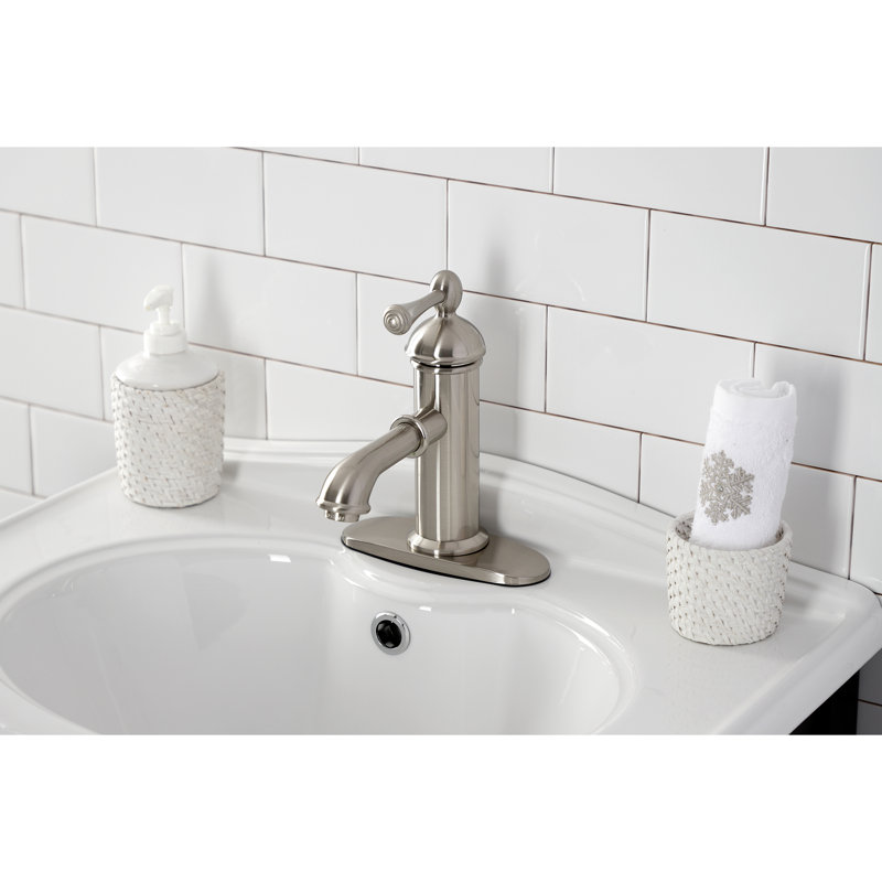Kingston Brass Paris Single-Handle 1-Hole Deck Mount Bathroom Faucet with Brass Pop-Up, Brushed Nickel