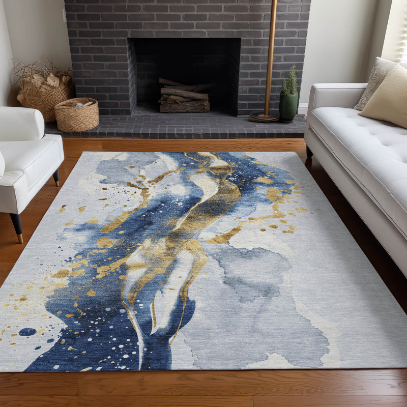 Tapis bleu intérieur / extérieur lavable à la machine Claudian ACN1524, Rectangle 9 pi x 12 pi