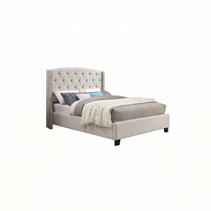 Button Tufted Wingback Upholstered Bed with Nail Head Trim, Beige