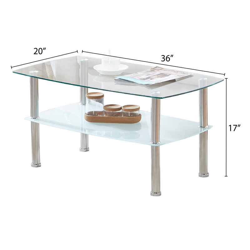 Table basse moderne en verre avec tablette de rangement, pieds en métal chromé, table de salon en verre trempé à 2 niveaux