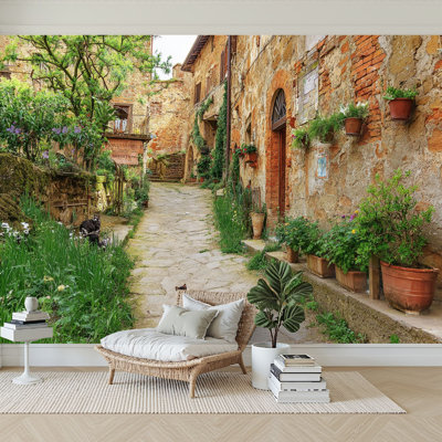 Peel and Stick Wallpaper 96" W x 69" H Modern Self Adhesive Wall Mural for Bedroom Beautiful Alley Old Town Tuscany Cityscape