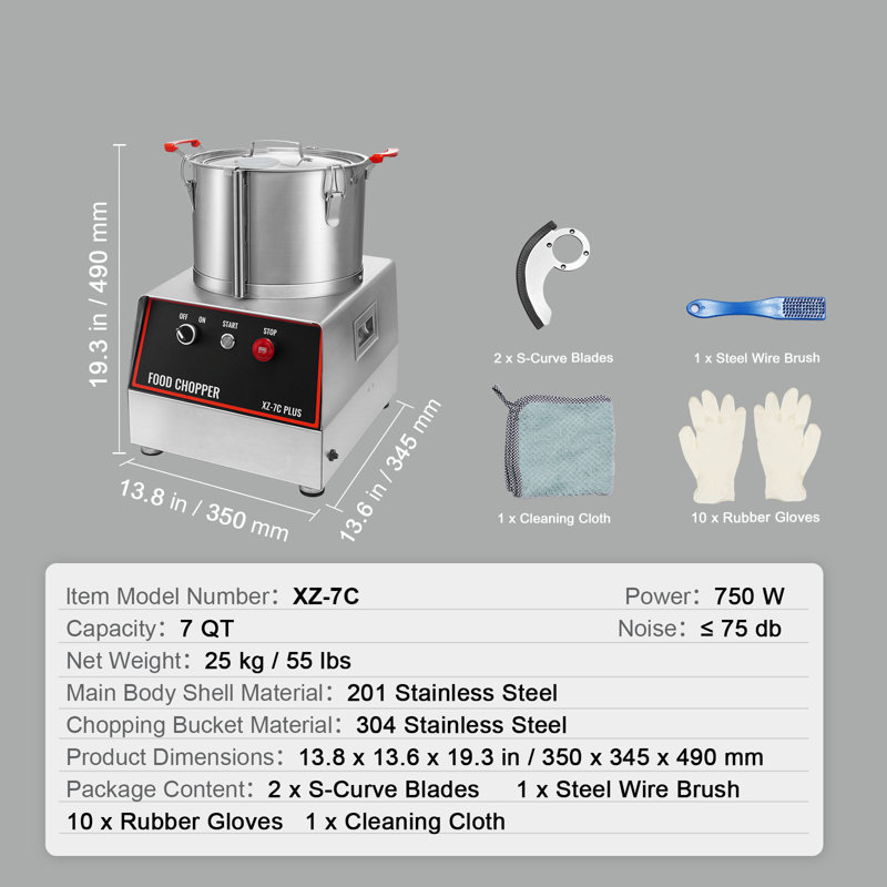 Robot culinaire et hachoir à légumes, bol de 7 litres, 750 W, en acier inoxydable de qualité alimentaire, avec 2 lames supplémentaires en forme de S, multifonctionnel pour hacher les légumes, la viande, les céréales et les noix.