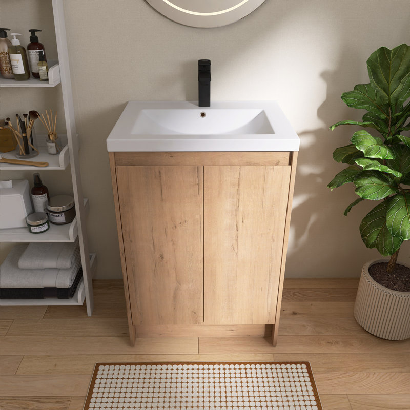  Meuble-lavabo autoportant de 24 po avec lavabo en résine Vowar, 2 portes à fermeture douce, tablette réglable