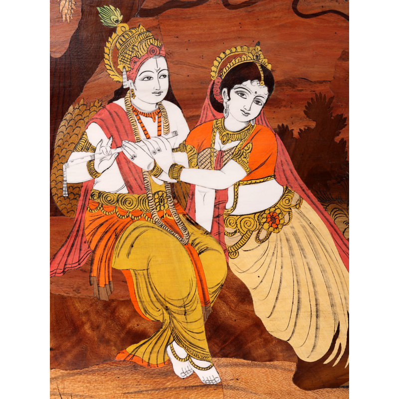 30" Radha Krishna Under Tree Mysore Wood Inlay Wall Panel - Handcrafted Hindu God Wall Art for Spiritual Home Decor