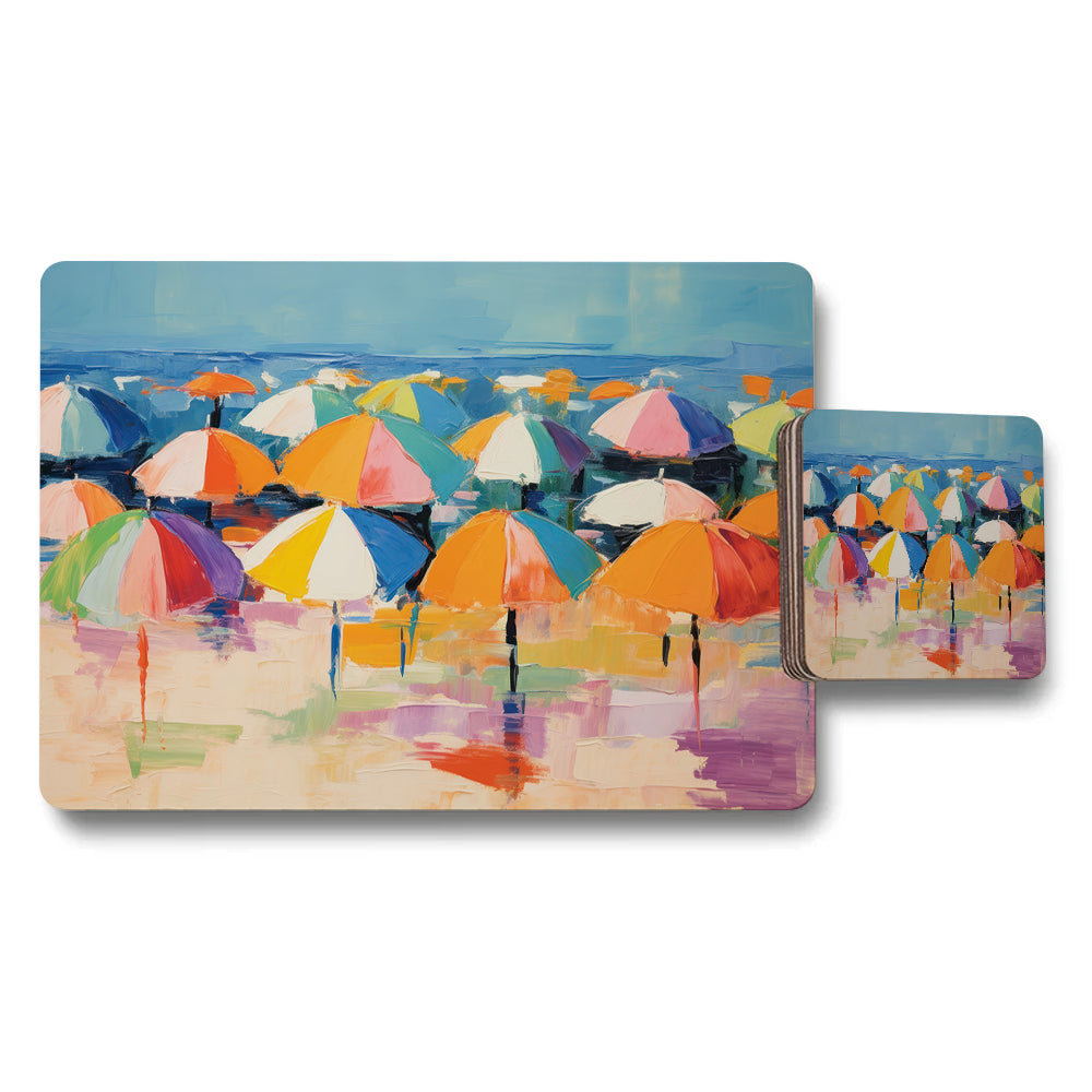 Colorful Beach Umbrellas Coaster And Placemat Set With Abstract Art