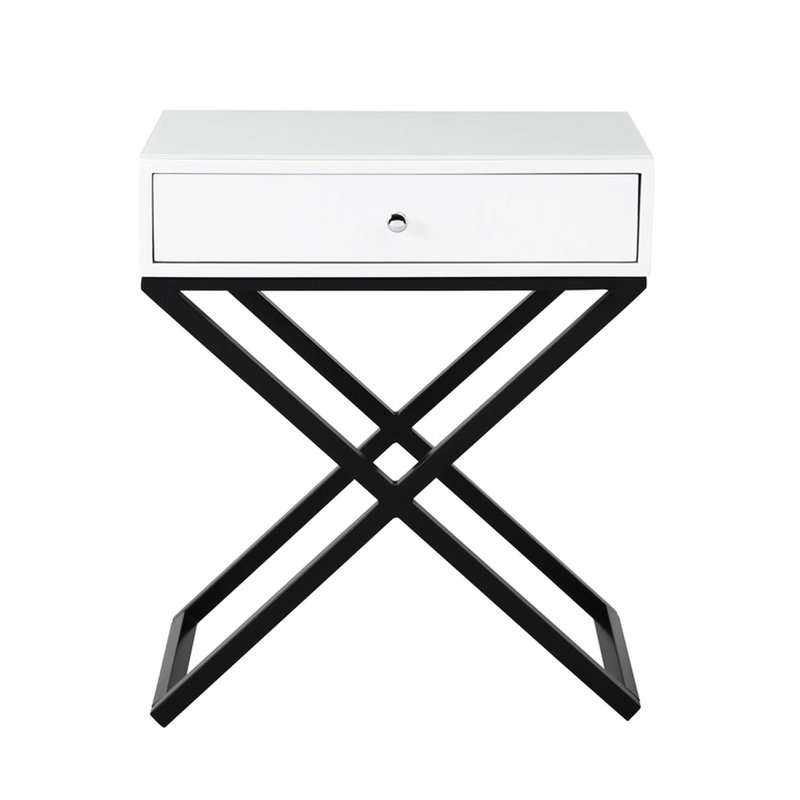Table d'appoint blanche 23 po avec plateau en verre, tiroir, base en métal et pieds en bois