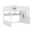 Grand lit mezzanine en bois avec escalier et garde-robe, tablettes de rangement et espace sous le lit, blanc-1725660837