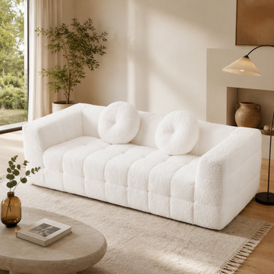 Canapé moderne de 84,6 pouces sans os avec deux coussins décoratifs circulaires, tissu en polyester à poils longs texturé litchi doux pour la peau, canapé en mousse à carreaux à trois places